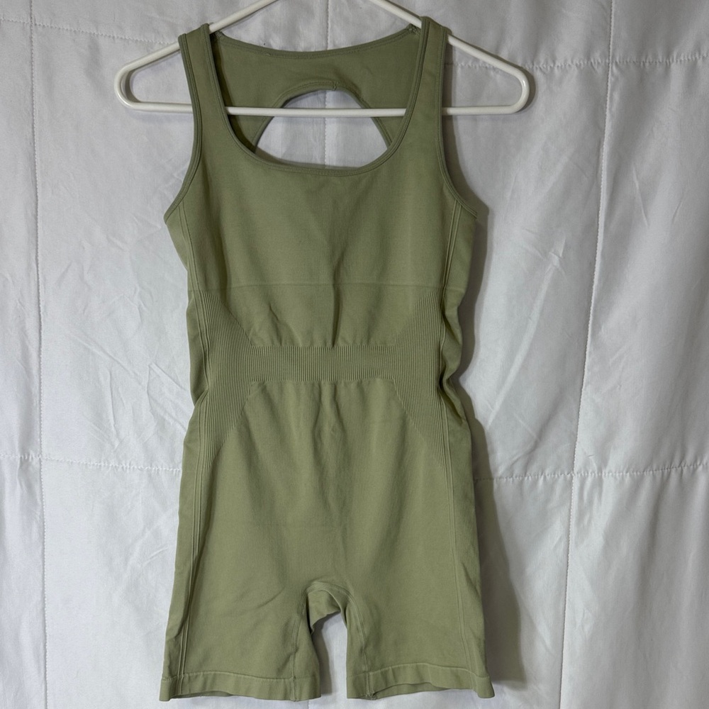 Sage Green Seamless Workout Romper Biker Short‎ Onesie XS